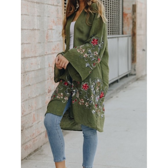 Three Bird Nest Womens Green Floral Embroidered Kimono OS Boho Indie Festival - Picture 12 of 12